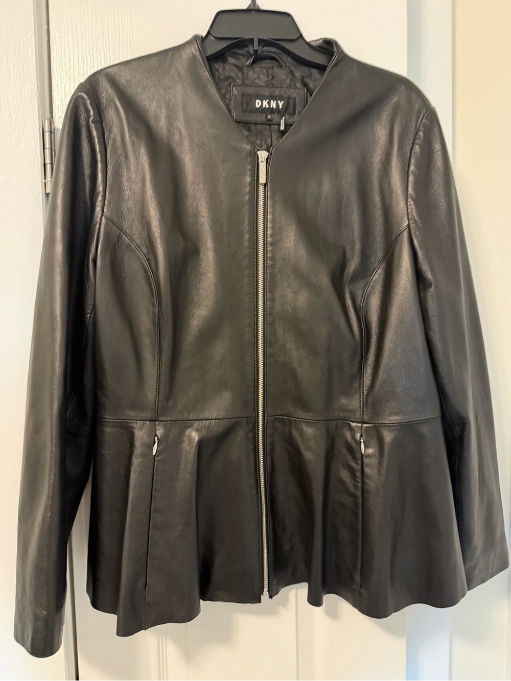 DKNY Black Leather Peplum Zip-Front Jacket